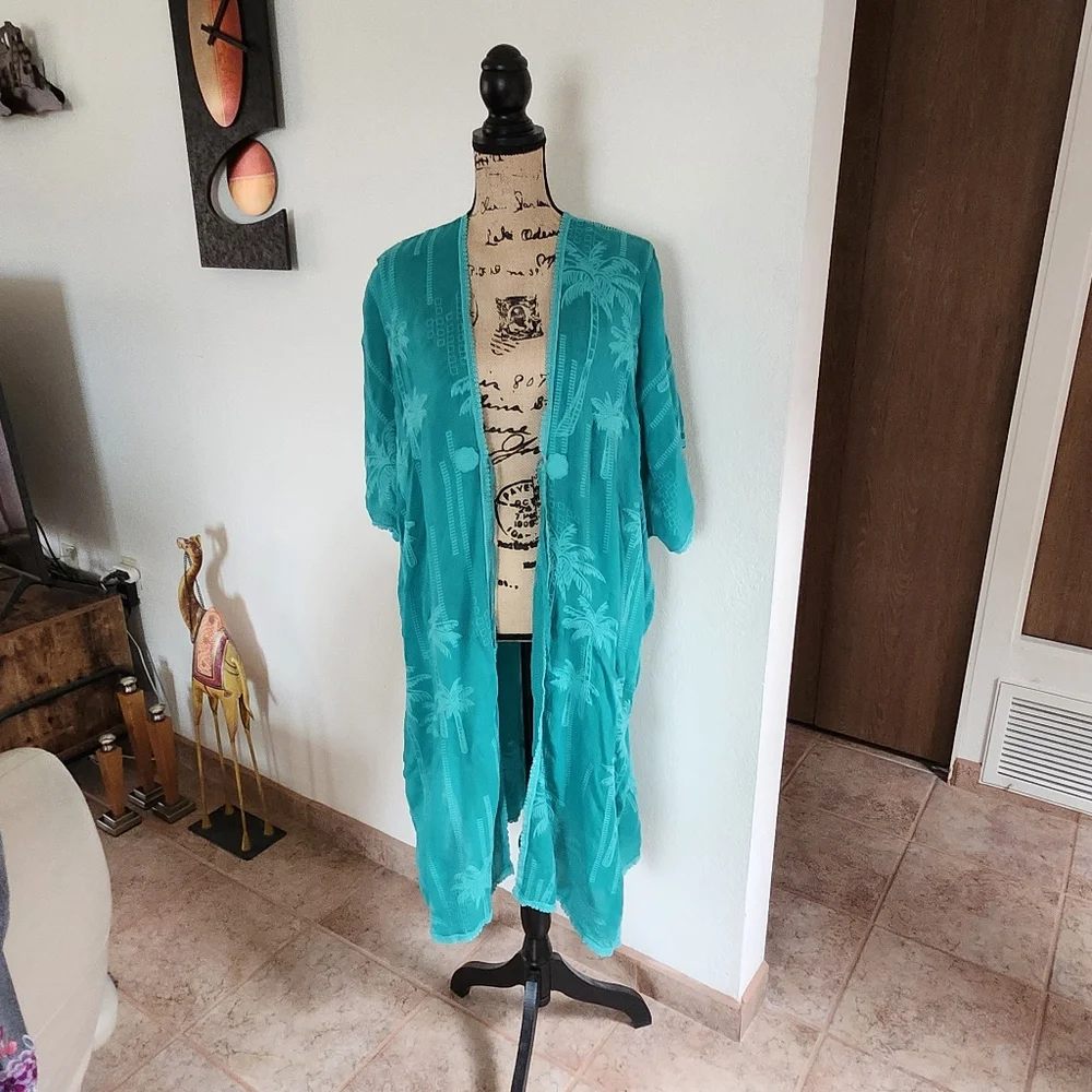 Johnny Was Georgia Teal Embroidered Kimono Duster Cover-up O/S, S, M, L, XL, 1X - Picture 2 of 7